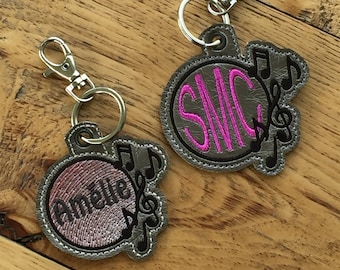 DIY-DIGITAL File - Music notes with circle Snap tab / Key fob / Bag tag  ITH Machine Embroidery Design File In the hoop