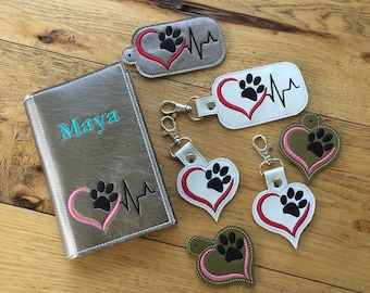 DIY-DIGITAL File - One Paw Print Heart EKG heartbeat - Memo Cover & Snap tab / Key fob / ith Machine Embroidery Design File In the hoop