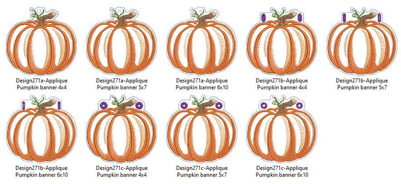 K&ouml;nnte beinhalten: Ein Set mit zehn K&uuml;rbis-Applikationsdesigns zum Sticken. Die Designs sind in verschiedenen Gr&ouml;&szlig;en von 4x4 Zoll bis 6x10 Zoll erh&auml;ltlich. Die K&uuml;rbisse sind orange mit wei&szlig;en Akzenten und haben ein traditionelles Herbst-Look.