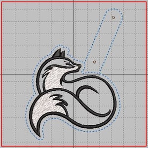 K&ouml;nnte beinhalten: Gesticktes Design eines Fuchses in Schwarz und Wei&szlig;. Der Fuchs ist zusammengerollt, der Schwanz um den K&ouml;rper gewickelt. Das Design befindet sich auf einem grauen Gitterhintergrund.