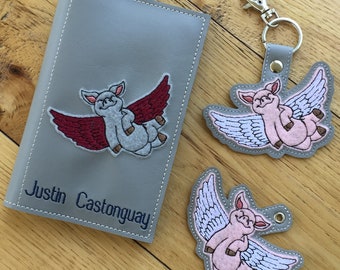 DIY-DIGITAL File - Flying Piggy Memo Notebook Cover and Snap tab / Key fob / Bag tag  ITH Machine Embroidery Design File In the hoop