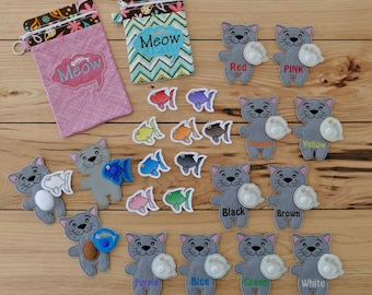 DIY-DIGITAL FILE - Cat and fish snap hands learning matching game -zipper storage bag included  - 5x7-hoop - ith Machine Embroidery Design