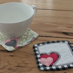 DIY-DIGITAL FILE - 4x4 hoop - Valentine Heart applique Mug Rug Coasters with center appliqué and three stipple designs, ith embroidery