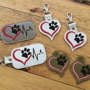 DIY-DIGITAL File - One Paw Print Heart E K G heartbeat - Snap tab / Key fob / Bag tag  ITH Machine Embroidery Design File In the hoop