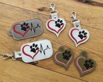 DIY-DIGITAL File - One Paw Print Heart E K G heartbeat - Snap tab / Key fob / Bag tag  ITH Machine Embroidery Design File In the hoop
