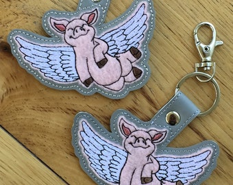 DIY-DIGITAL File - Flying Piggy Snap tab / Key fob / Bag tag  ITH Machine Embroidery Design File In the hoop - when pigs fly