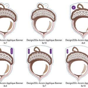 Puede incluir: Un conjunto de diez dise&ntilde;os de bordado de aplique de bellota en varios tama&ntilde;os, incluyendo 4x4, 5x7 y 6x10 pulgadas. Los dise&ntilde;os presentan una bellota marr&oacute;n con una tapa detallada y un cuerpo marr&oacute;n claro.