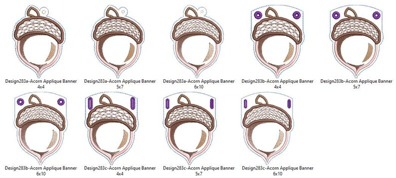 Puede incluir: Un conjunto de diez dise&ntilde;os de bordado de aplique de bellota en varios tama&ntilde;os, incluyendo 4x4, 5x7 y 6x10 pulgadas. Los dise&ntilde;os presentan una bellota marr&oacute;n con una tapa detallada y un cuerpo marr&oacute;n claro.