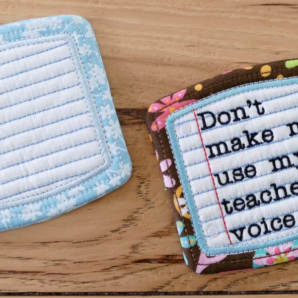DIY-DIGITAL FILE - Teacher voice 4x4 hoop Mug Rug Coasters with appliqué and lined paper design, In the hoop - ith machine embroidery design