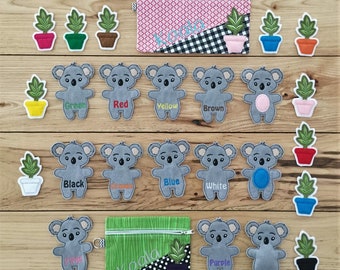 DIY-DIGITAL FILE - 5 x 7 hoop - Koala snap hands learning matching color game set with Eucalyptus pot & zipper storage bag -ith design file