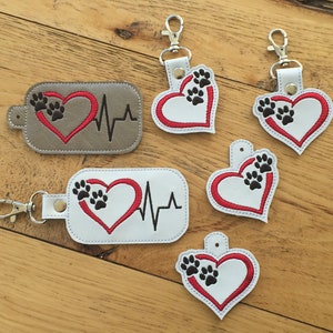 DIY-DIGITAL File - Paw Print Heart EKG heartbeat - Snap tab / Key fob / Bag tag  ith Machine Embroidery Design File In the hoop