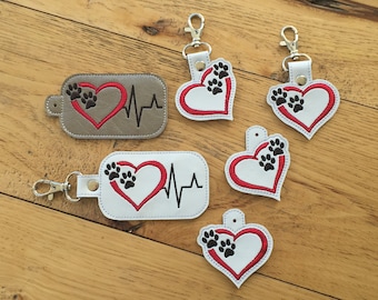 DIY-DIGITAL File - Paw Print Heart EKG heartbeat - Snap tab / Key fob / Bag tag  ith Machine Embroidery Design File In the hoop