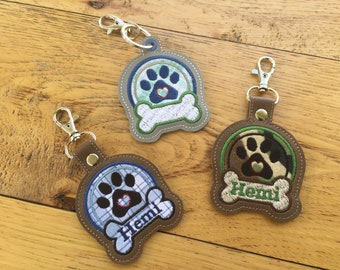 DIY-DIGITAL File - Paw Heart and Bone - Applique and Outline - Snap tab / Key fob / Bag tag  ITH Machine Embroidery Design File In the hoop