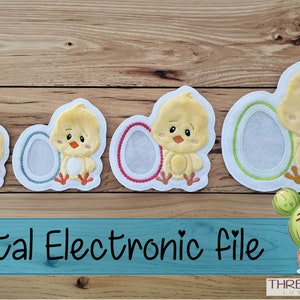 May include: Four embroidered designs of yellow chicks holding eggs, in various sizes, on a woodgrain background. The text "Digital Electronic File" is below the chicks. A green cactus with a smiling face is in the lower right corner.