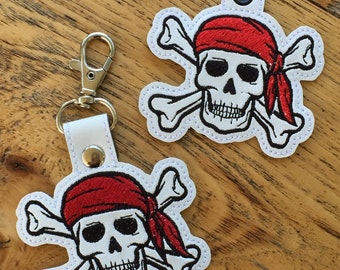 DIY-DIGITAL File - Skull and Cross bones Pirate style - Snap tab / Key fob / Bag tag  ITH Machine Embroidery Design File In the hoop