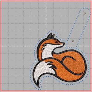 K&ouml;nnte beinhalten: Gesticktes Design eines Fuchses in Orange, Wei&szlig; und Schwarz. Der Fuchs ist zusammengerollt, der Schwanz um den K&ouml;rper gewickelt. Das Design hat einen schwarzen Rand und einen grauen Hintergrund.