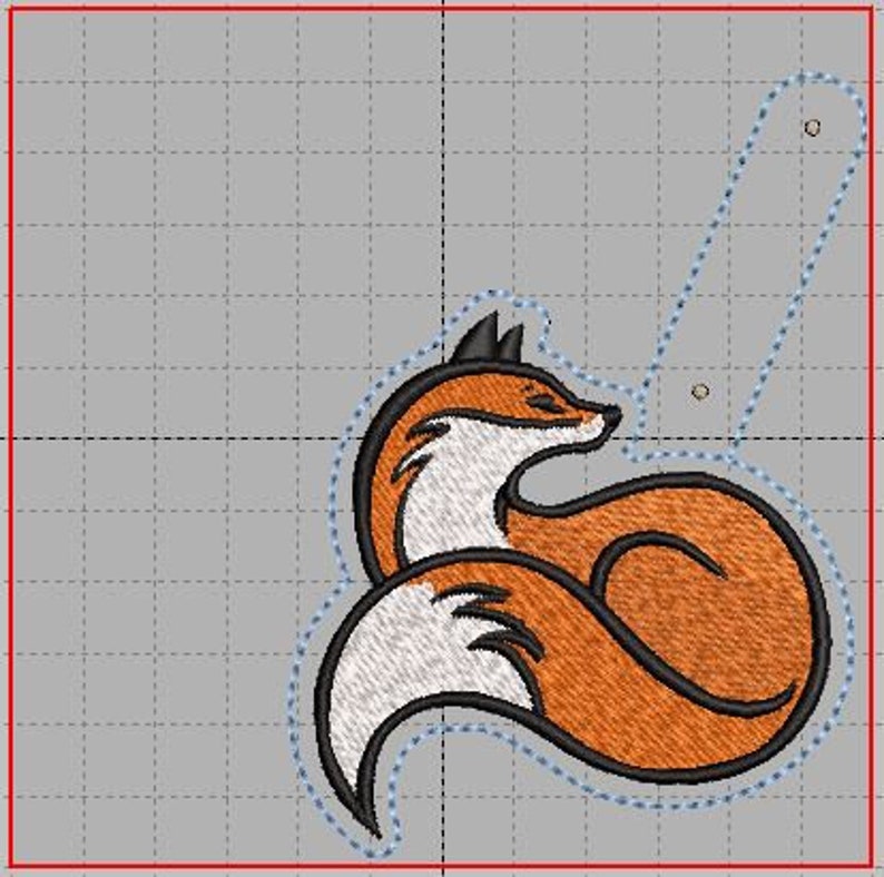 K&ouml;nnte beinhalten: Gesticktes Design eines Fuchses in Orange, Wei&szlig; und Schwarz. Der Fuchs ist zusammengerollt, der Schwanz um den K&ouml;rper gewickelt. Das Design hat einen schwarzen Rand und einen grauen Hintergrund.