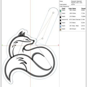 K&ouml;nnte beinhalten: Ein Stickdesign-Arbeitsblatt mit dem Titel "Design16-Fox outline only", das eine detaillierte Umrisszeichnung eines Fuchses zeigt. Das Design enth&auml;lt Farbcodes, Fadenl&auml;ngen und Stoffspezifikationen. Das Fuchsmotiv ist in Schwarz.