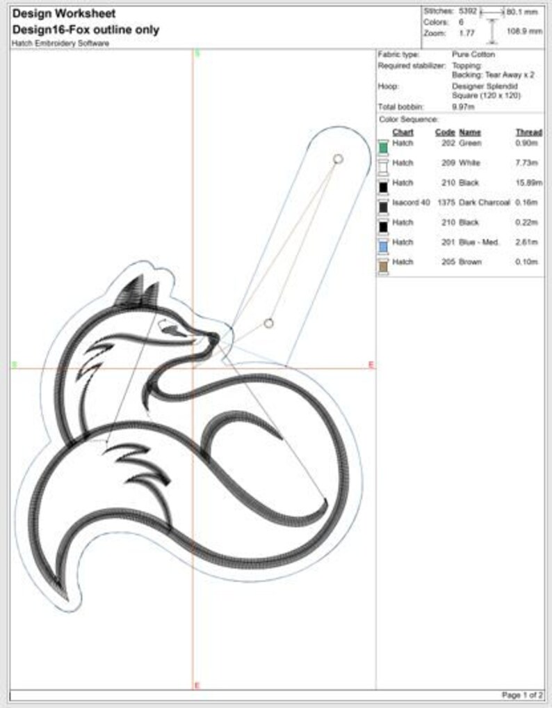 K&ouml;nnte beinhalten: Ein Stickdesign-Arbeitsblatt mit dem Titel "Design16-Fox outline only", das eine detaillierte Umrisszeichnung eines Fuchses zeigt. Das Design enth&auml;lt Farbcodes, Fadenl&auml;ngen und Stoffspezifikationen. Das Fuchsmotiv ist in Schwarz.