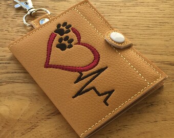 DIY-DIGITAL File - Paw Print Heart EKG Heartbeat Wallet-Gift card holder Snap tab / Key fob  ith  Machine Embroidery Design File