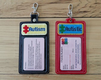 DIY-DIGITAL FILE - Autism I D Card Holder, Autistic info -  5x7 hoop- Snap tab / Eyelet  - ith  Machine Embroidery Design