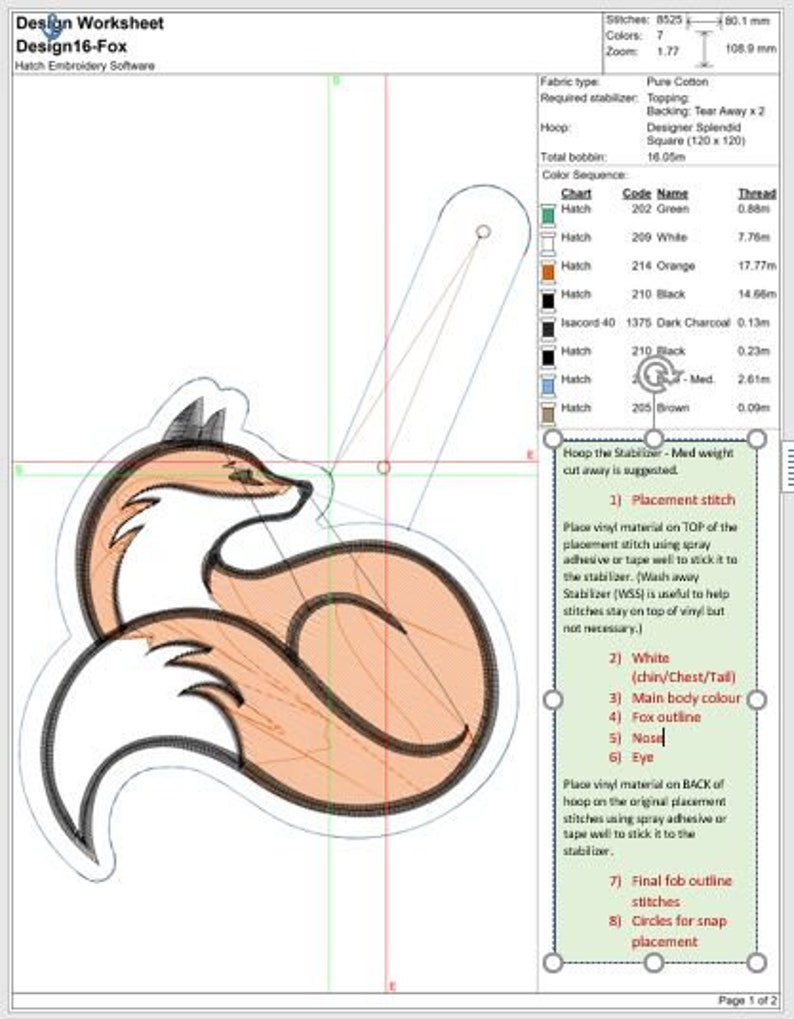 K&ouml;nnte beinhalten: Design-Arbeitsblatt f&uuml;r Design16-Fox, ein Stickdesign. Das Bild zeigt einen stilisierten Fuchs mit orangefarbenen, wei&szlig;en und schwarzen Details. Das Design umfasst einen Platzierungsstich, eine Fuchskontur und Kreise f&uuml;r den Schnappverschluss. Das Design ist 8,01 cm breit.