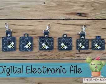 DIY-DIGITAL FIL - 4x4-båge - Honungsbi med bikake - Tryckknappsflik / Ögla - Nyckelbricka - med maskinbroderidesignfil i bågen