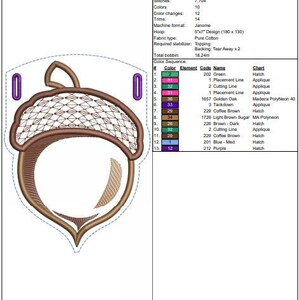 Puede incluir: Un dise&ntilde;o de bordado digital para una pancarta de aplique de bellota. El dise&ntilde;o es de 5x7 pulgadas e incluye 10 colores, 12 cambios de color y 14 adornos. El dise&ntilde;o es para una m&aacute;quina de bordar Janome y requiere un aro de 5x7 pulgadas. El dise&ntilde;o est&aacute; hecho con tela de algod&oacute;n puro y requiere un estabilizador de desgarro. El dise&ntilde;o tiene 12,95 cm de alto y 9,48 cm de ancho.