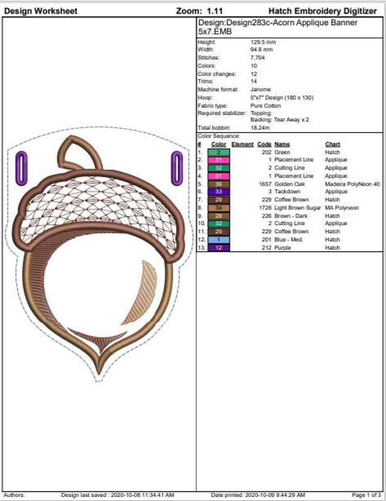 Puede incluir: Un dise&ntilde;o de bordado digital para una pancarta de aplique de bellota. El dise&ntilde;o es de 5x7 pulgadas e incluye 10 colores, 12 cambios de color y 14 adornos. El dise&ntilde;o es para una m&aacute;quina de bordar Janome y requiere un aro de 5x7 pulgadas. El dise&ntilde;o est&aacute; hecho con tela de algod&oacute;n puro y requiere un estabilizador de desgarro. El dise&ntilde;o tiene 12,95 cm de alto y 9,48 cm de ancho.