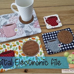 May include: Four quilted coasters with a teacup design. The coasters are in different patterns and colors, including red, blue, and pink. The coasters are made of fabric and have a cork backing. The coasters are arranged on a wooden surface. The text "Digital Electronic File" is displayed at the bottom of the image.
