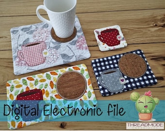 DIY-DIGITAL FILE - 4x4 to 8x10 hoop -Tea Bag Mug Rug Coaster with Mug applique & circle applique - ith Machine Embroidery - Design303