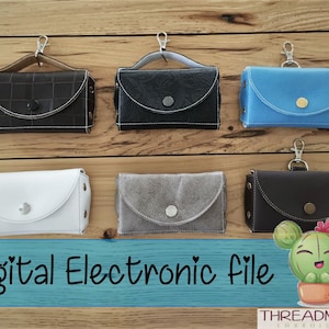 May include: Six different small pouches with a flap closure and a metal loop. The pouches are in various colors and textures, including black, brown, white, gray, and blue. The pouches are hanging from a wooden surface. The text "Digital Electronic File" is at the bottom of the image.