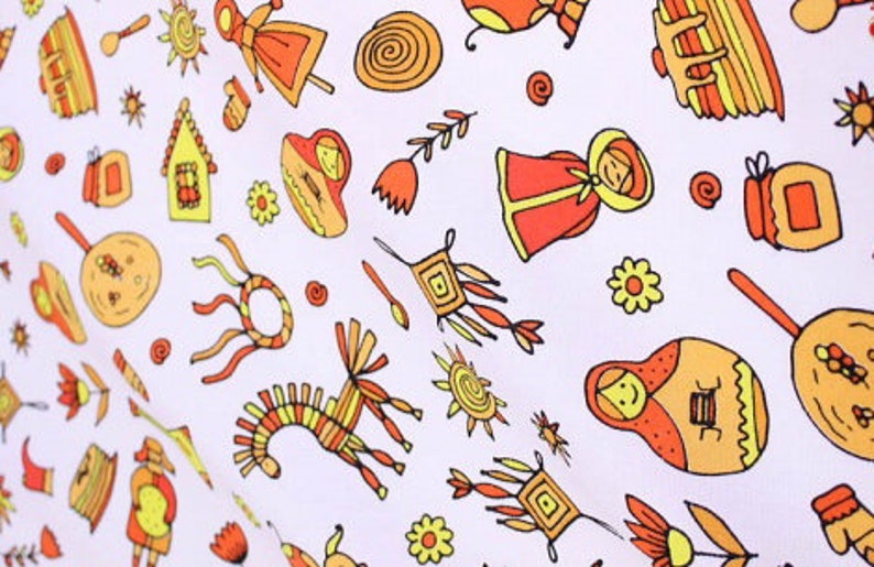 matreshka fabric linen by the yard samovar fabric funny pancake week vintage Maslenitsa fabric by the yard Funny Russian fabric by the yard