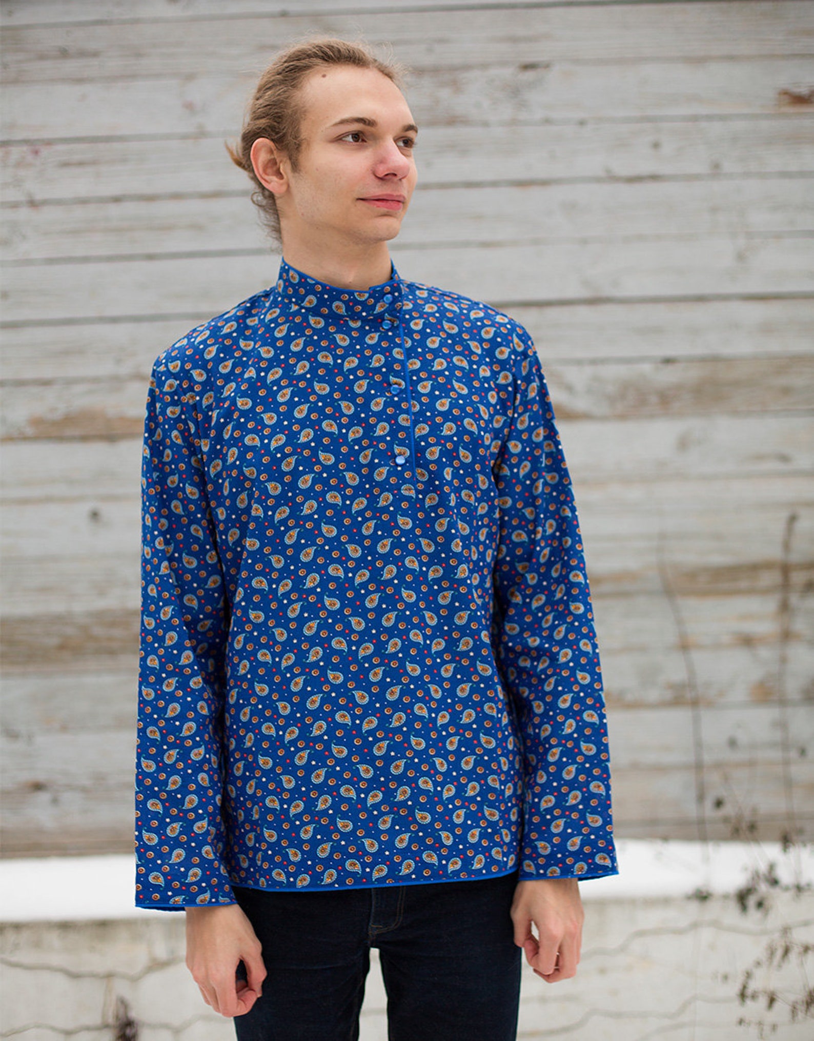 Russian shirt blue Tolstoy Kosovorotka men Russian clothing | Etsy