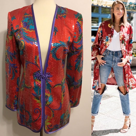 Vintage Asian Chinese Japenese Silk Sequin Floral