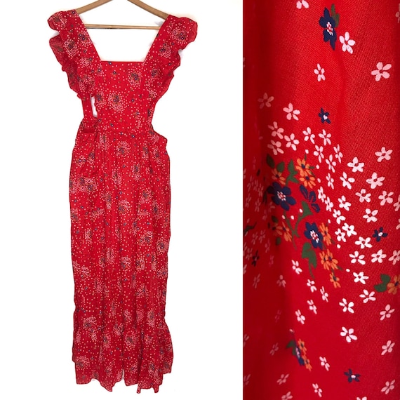 Vintage Handmade Red Wildflower Ruffle Pinafore Ap