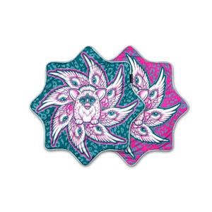 May include: Two star-shaped mats featuring a central creature with large eyes surrounded by multiple white wings with eye-like patterns. One mat has a teal leopard print background, and the other has a vibrant pink leopard print background.
