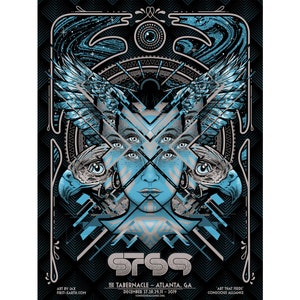 May include: A poster for the STSS music festival in Atlanta, Georgia. The poster features a blue and gray illustration of a woman's face with a geometric design and two birds. The text on the poster reads "STSS" and "Tabernacle - Atlanta, GA".