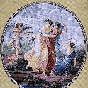 May include: A tapestry depicting a scene from Greek mythology. Cupid, the Roman god of love, shoots an arrow at two women, one of whom is running away. The tapestry is framed in a circular frame with a gold border. The text "CUPID'S REVENGE. LE VENGEANCE DE L'AMOUR." is written at the bottom of the tapestry.