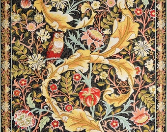 Tapiz de pared negro con búho y paloma, arte medieval, árbol, pájaro, adorno de Morris, hojas de acanto, composición botánica floral, 70 x 115 cm
