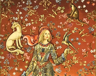 Lady with a bird Dame a l'Oiseau Medieval Style Tapestry Wall Hanging Portiere Mille Fleurs Design with Animals Unicorn Series W29" x H49"