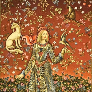 Lady with a bird Dame a l'Oiseau Medieval Style Tapestry Wall Hanging Portiere Mille Fleurs Design with Animals Unicorn Series W29" x H49"