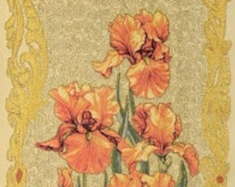 Composition florale Ornemental Tapisserie Tenture murale Iris dorés, H49" x W20" / H123cm x W50cm