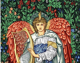 Angeli Laudantes Ancient Musician with Harp Medieval Tapestry Wall Hanging William Morris Design White Angel Minstrel Right Fragment 28"x66"