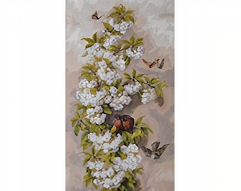 Birds & Flowers Wall Art Textile Wallhanging Tapestry Wall Hanging NOT PRINT Floral Art Birds White Flowers Botanical Composition 38"x20"