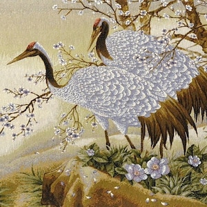 プリントではありません 動物アート タペストリー 壁掛け 春のラッシュ 森のサギ 鳥のカップル 風景 風景 装飾テキスタイル 20インチx46インチ / 50 x 115 cm