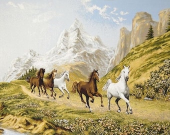 Mountain Landscape Running Horses Tapestry Wall Hanging Nature Along the river, H28" x W54" / H70cm x W137cm