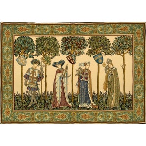 May include: A tapestry depicting five figures in medieval clothing standing in a forest. The figures are surrounded by trees and have shields with crests hanging from the trees. The tapestry has a cream background with a green border.
