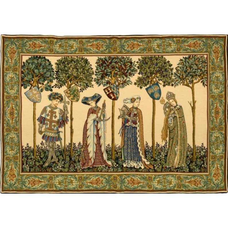 May include: A tapestry depicting five figures in medieval clothing standing in a forest. The figures are surrounded by trees and have shields with crests hanging from the trees. The tapestry has a cream background with a green border.