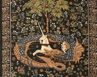 Medieval Tapestry Wall Hanging Unicorn In Captivity Captured Surrounded by Snake Serpent Dragon Ouroboros Mille Fleurs 42"x28" / 105x70cm